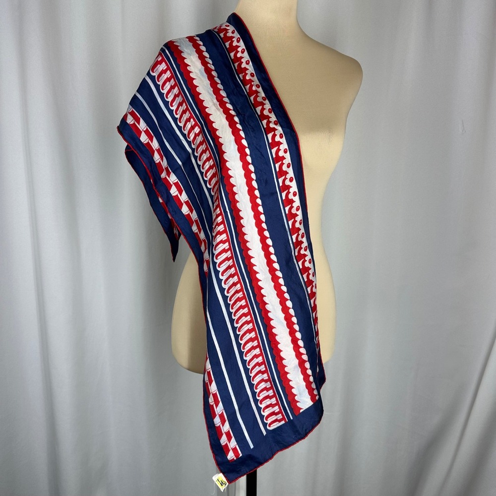 Vintage Sally Gee 100% Silk Scarf 40x10 Japan Red White Navy Geometric READ